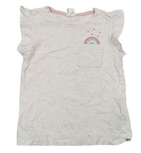 Bielo-ružové melírované tričko s dúhou a srdiečkami a vreckom a volánikmi POCOPIANO