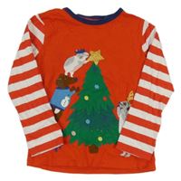 Červeno-bílo-tmavomodré triko s vánočním stromečkem a zvířátky a pruhy Mini Boden