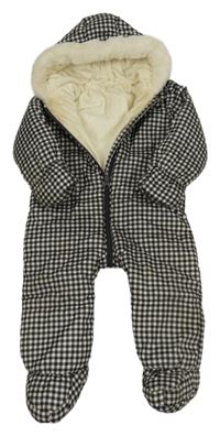 Černo-tmavošedo-smetanová kostkovaná prošívaná šusťáková zimní kombinéza s volánky a kapucí s kožešinou George