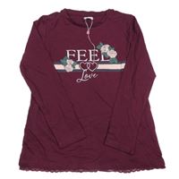 Tmavovínové tričko s růžemi a nápismi a čipkou zn. OVS