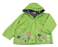 Zelená šušťáková jarná bunda s kvietkami a motýlikmi a kapucňou