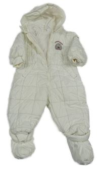 Bílá kostkovaná/prošívaná šusťáková zimní kombinéza se sobem a kapucí + capáčky C&A