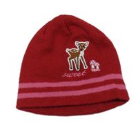 Červená pletená čepice se srnkou a muchomůrkami a pruhy 