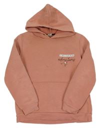 Světleskořicová tepláková mikina s nápismi a vreckom a kapucňou