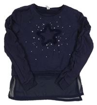 Tmavomodrá mikina s hviezdičkami a šifónovým volánikom YIGGA