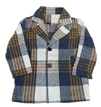 Bielo-tmavomodro-hnedá kockovaná vzorovaná flaušová košeľová bunda SHEIN