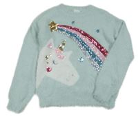 Mátový chlupatý svetr s jednorožcem a kometou z flitrů F&F