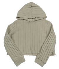 Svetlobéžová rebrovaná úpletová crop mikina s kapucňou