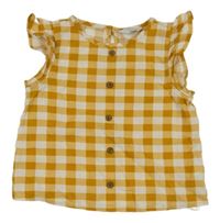 Medovo-bílá kostkovaná melírovaná crop halenka s knoflíky a volánky PRIMARK