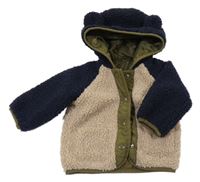Béžovo-tmavomodro-khaki huňatá podšitá bunda s kapucí s oušky Matalan