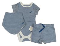 3set - Modro-bílé pruhované body se slonem + bavlněné kraťasy + slinták M&S