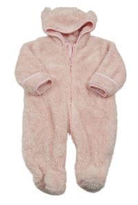 Ružová chlpatá kombinéza s kapucňou s uškami Ergee