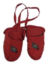 Tmavočervené šusťákové prstové zimní rukavice s dinosaurem na šňůře