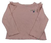 Ružové rebrované úpletové tričko s výšivkami květin a volánikmi Primark