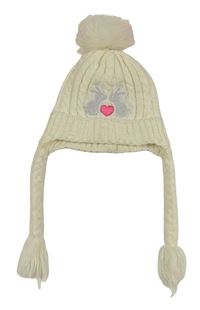 Smotanová pletená čapica s králikmi a brmbolcom