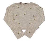 Hnedé melírované rebrované crop tričko s výšivkami květin River Island