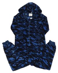 Tmavomodrá army chlpatá kombinéza s kapucňou Next