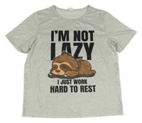 Sivé melírované tričko s lenochodem a nápisom