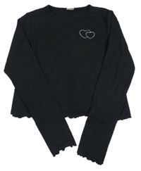 Černé žebrované crop triko se srdíčky z kamínků Y.F.K.