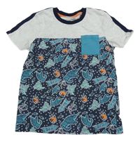 Tmavomodro-šedé tričko s mořskými živočichy a kapsou Kids
