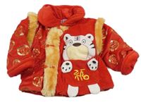 Červeno-zlatá zamatová zateplená mikina s medvěďom a huňatými lemy