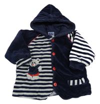 Tmavomodro-biela pruhovaná zamatová zateplená mikina s medvěďom a kapucňou