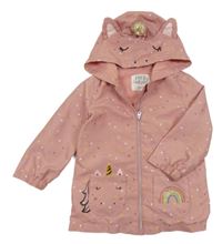 Růžová puntíkatá jarní bunda s jednorožcem a kapucí F&F