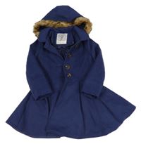 Tmavomodrý flaušový kabát s kapucí s kožešinou Mothercare