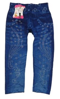 Nové - Tmavomodré zateplené legíny riflového vzhledu s kamínky 