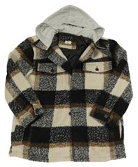 Béžovo-černo-hnědá kostkovaná košilová bunda s teplákovu kapucí F&F