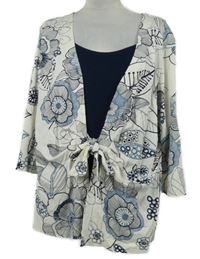 Nové - Dámsky bielo-tmavomodrý kvetovaný cardigán so všitým topem Whimsy