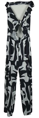 Dámský černo-bílý vzorvaný saténový kalhotový overal s průstřihem Shein 