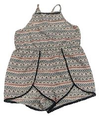 Bielo-čierno-ružový vzorovaný kraťasový overal New Look
