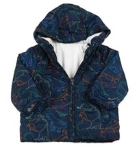 Tmavomodrá šusťáková zimní bunda s dinosaury a kapucí St. Bernard