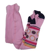 Nové - Růžové punčocháče s proužky a kytičkami