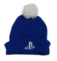 Safírová čepice s výšivkou a bambulí 