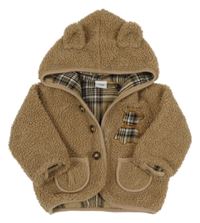 Hnedá huňatá podšitá bunda s medvěďom a kapucňou