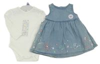 Nové - 2 set - bílé perforované body + světlemodré rifové šaty s výšivkou F&F