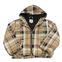 Hnědo-černo-krémová kostkovaná šusťáková zimní bunda s kapucí River Island