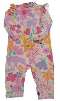 Světlepudrový UV overal s kytičkami a zvířátky a volánky Nutmeg