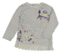 Bílo-tmavomodré pruhované triko s ptáčky Topolino