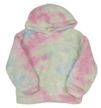 Mátovo-ružovo-svetlomodrá batikovaná huňatá mikina s kapucňou SHEIN