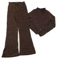 2set - Čierno-bronzové pruhované crop triko + flare nohavice E-Vie