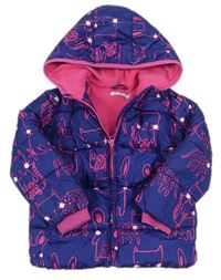 Tmavomodro-ružová šušťáková zimná bunda so zvieratkami a kapucňou Bluezoo