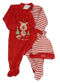 Nové - 2set - Červeno-pruhovaný sametový overal se sobem + čepice Ear