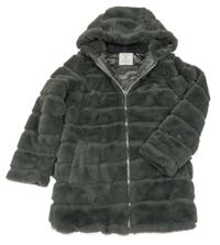 Šedý kožešinový zateplený kabát s kapucí Primark