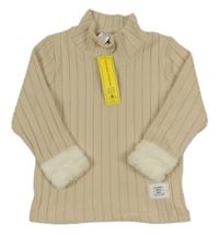 Nové - Béžový rebrovaný sveter s rolákom s chlupatými lemy Shein