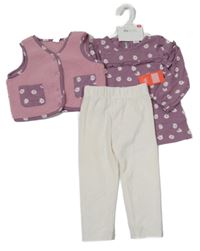 Nové - 3set - Růžová huňatá vesta + fialová květovaná tunika + smetanové sametové kalhoty PL kids