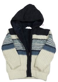 Nový - smetanovo-modrošedo-černý žebrovaný vlněný propínací zateplený svetr s kapucí Primark