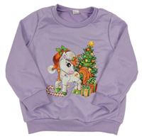 Levandulová mikina s jednorožcom a vánočním stromčekom
